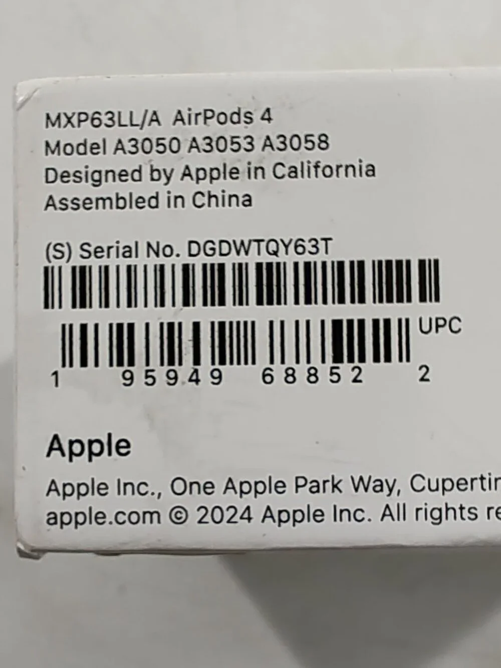 Apple AirPods 4 Serial:D9P29RJ7PT White NEW F2B@CMK